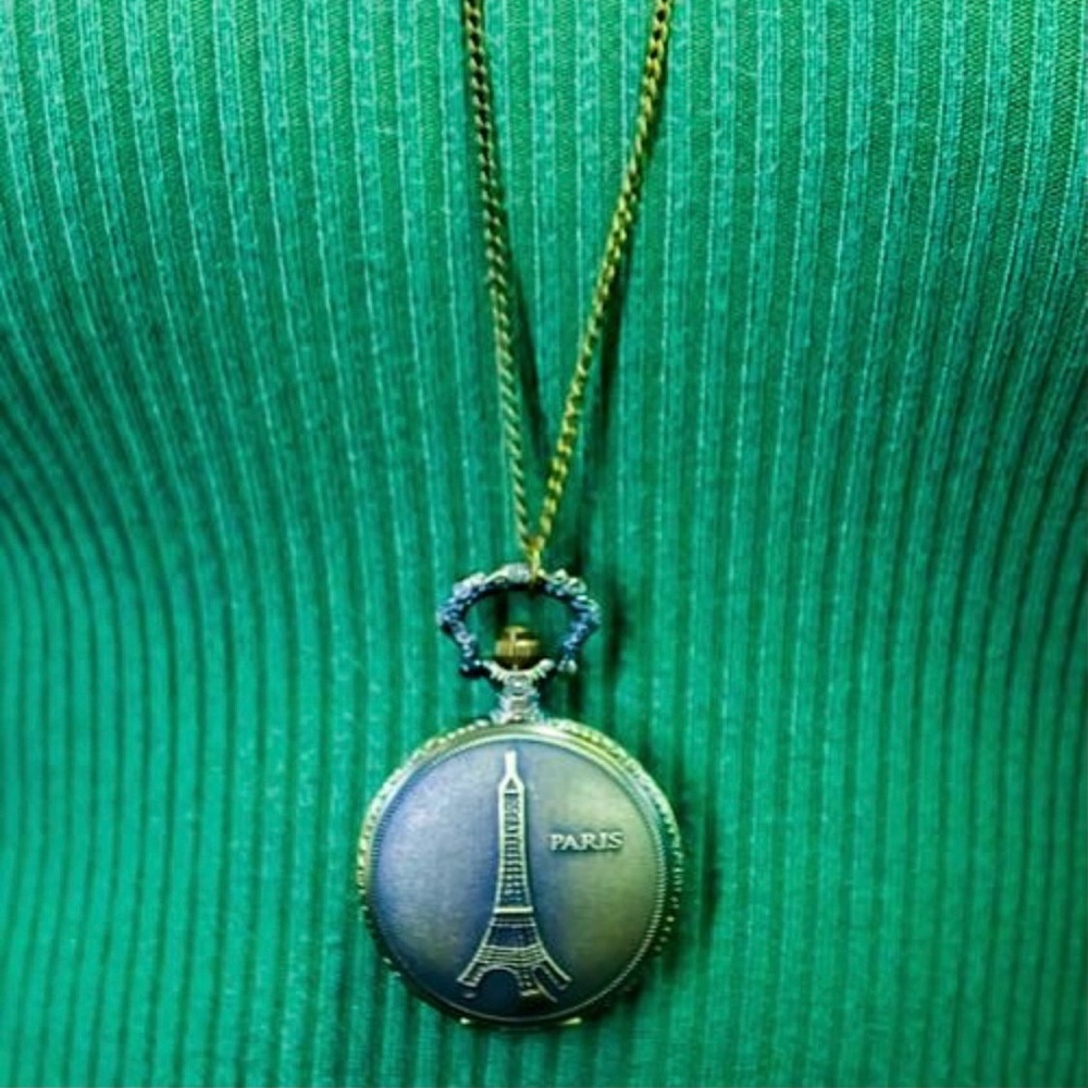 Antique Brass Eiffel Tower Clock Necklace Locket - Picture 2 of 12